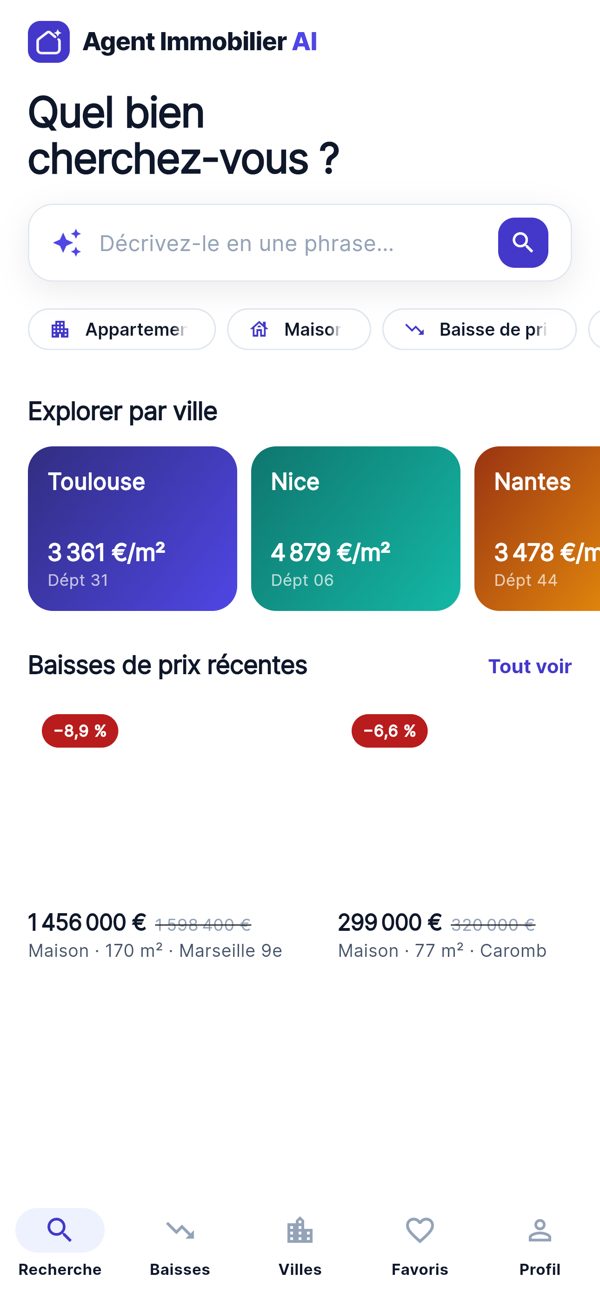 Écran d'accueil de l'application