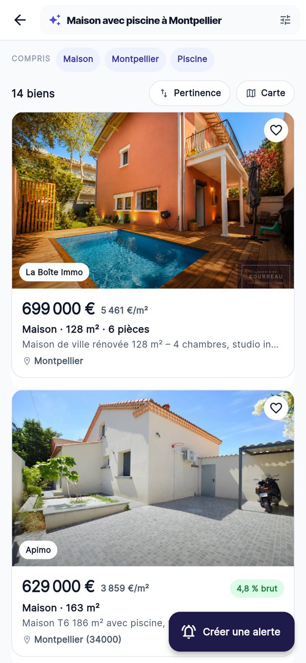 Résultats de recherche dans l'application